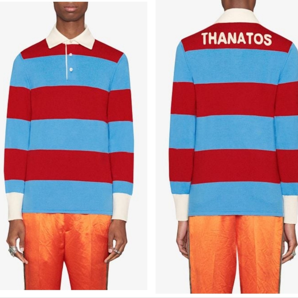 20. NWT GUCCI BLUE STRIPED POLO WITH THANATOS EMBROIDERY